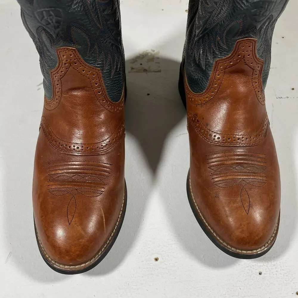 Ariat Western Cowboy Boots Brown Blue Leather Square Toe Men’s 9.5 EE